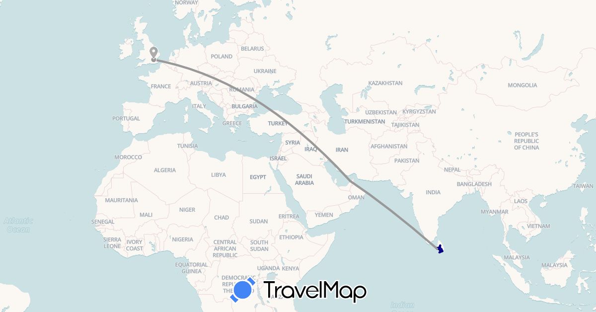 TravelMap itinerary: driving, plane, train in United Arab Emirates, United Kingdom, Sri Lanka (Asia, Europe)